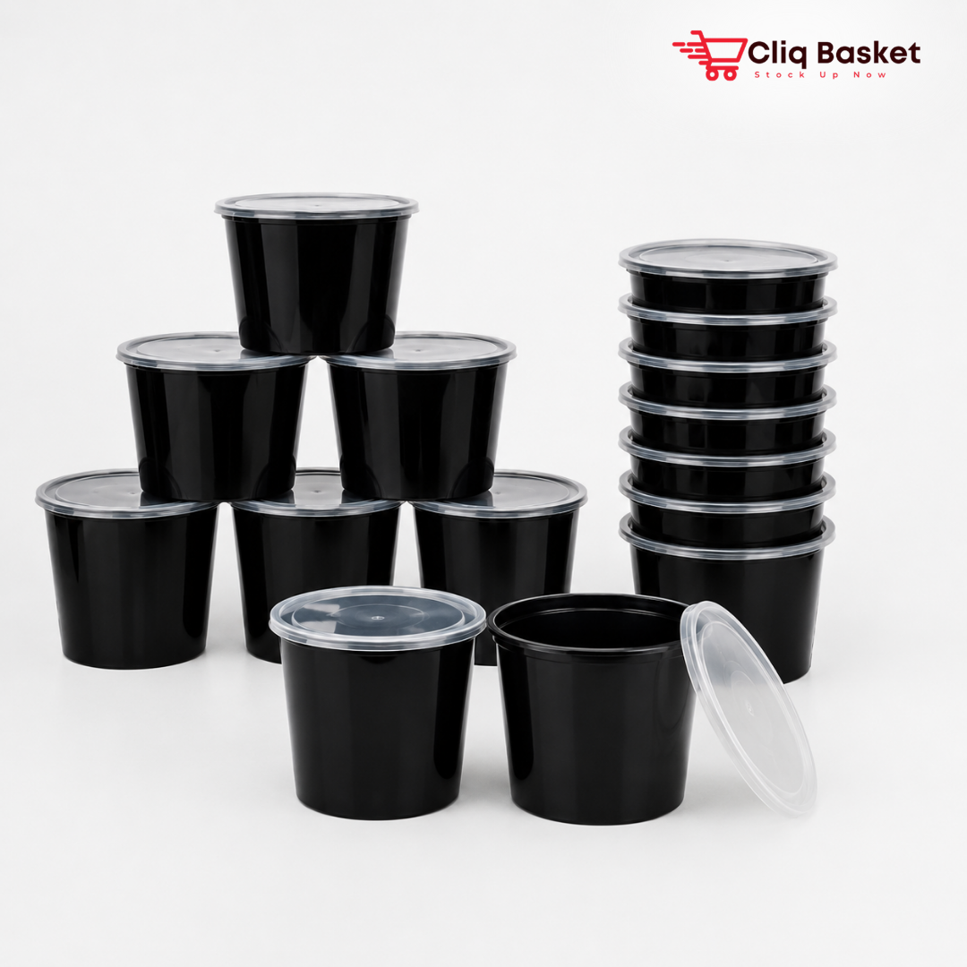 1000ml Black Round Food Containers with Lid (Pack of 25) – BPA-Free Meal Prep & Delivery Boxes | CliqBasket