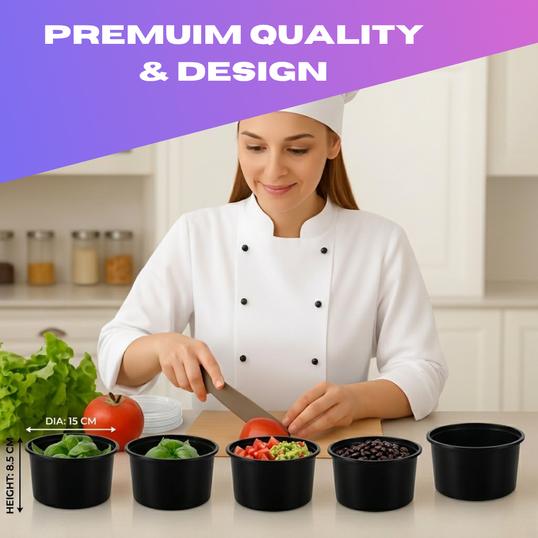 plastic round food container 1000 ml black set of 25 cliqbasket