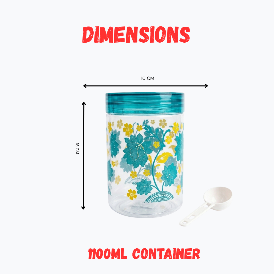1100 ml floral plastic storage jar with spoon transparent kitchen container with blue flower design for dry food storage