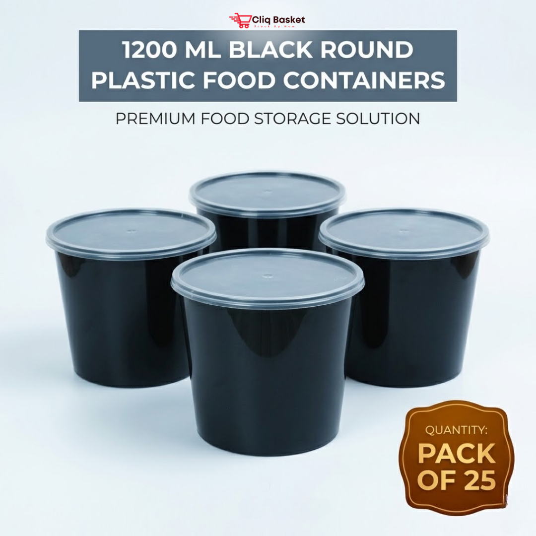 1200ml Black Round Food Containers with Lid (Pack of 25) | BPA-Free PP Airtight Storage Boxes – CliqBasket