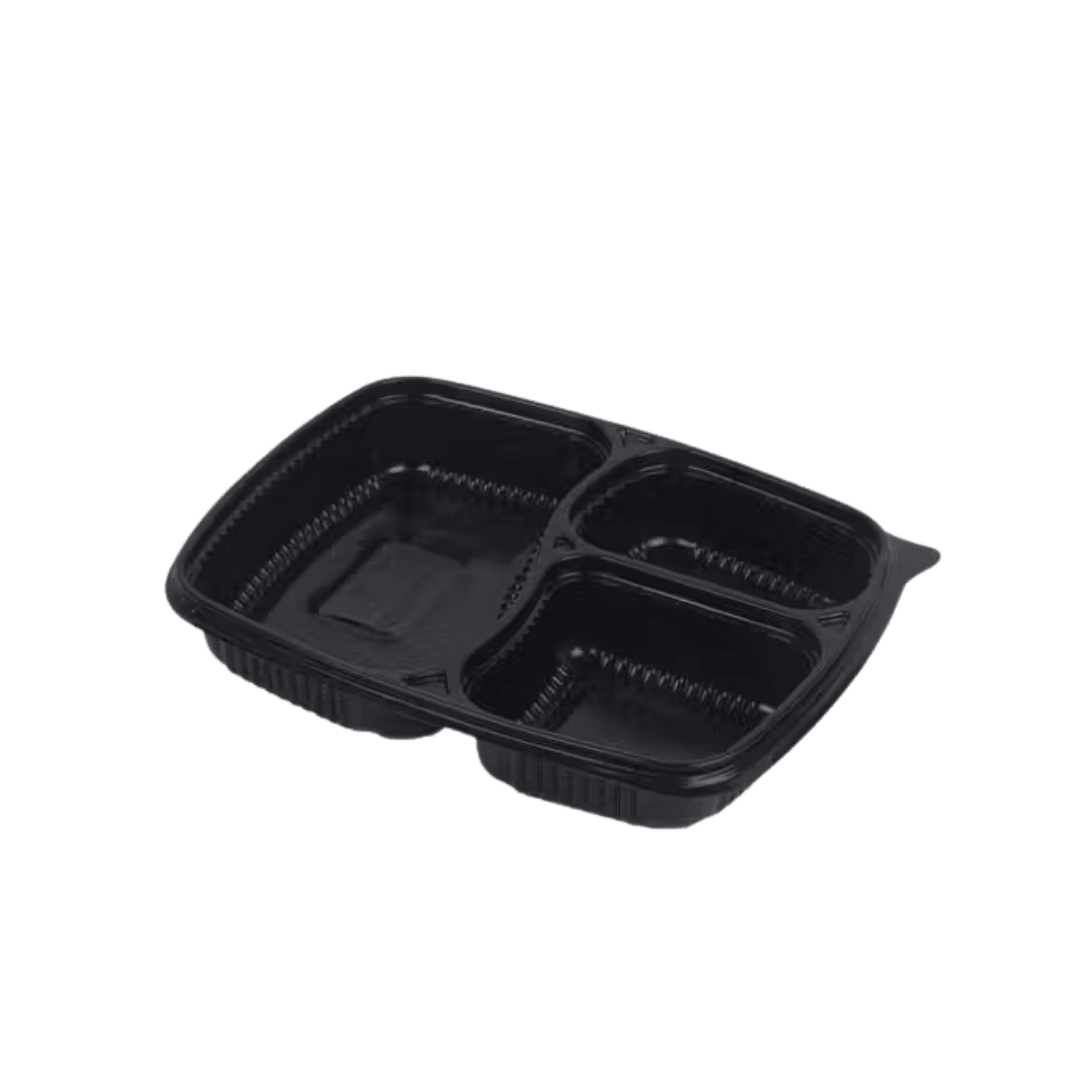 CliqBasket 3 Compartment Plastic Meal Container – Black (Pack of 25)