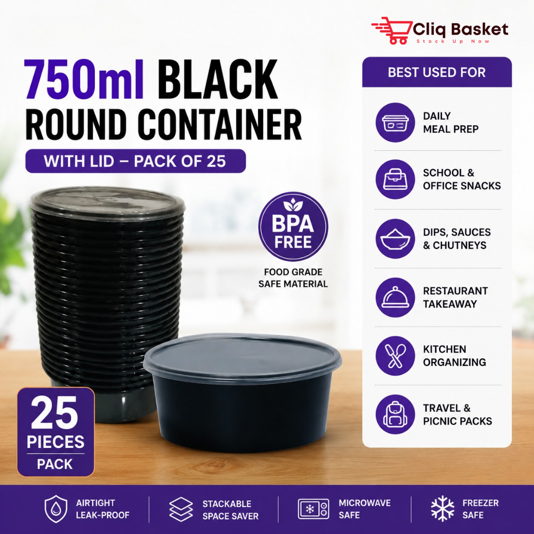 750ml Black Round Plastic Food Containers with Lid (Pack of 25) | CliqBasket