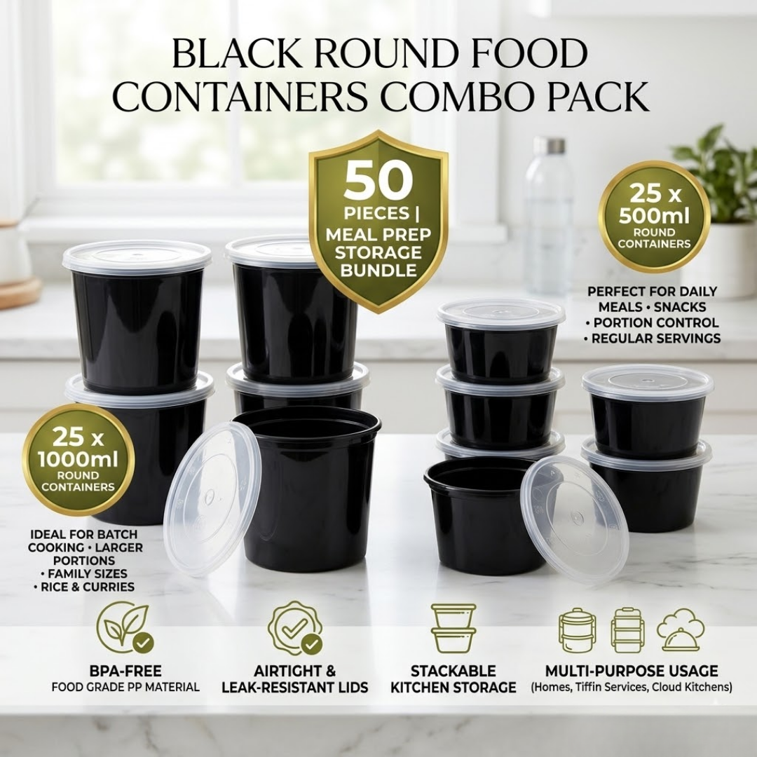 500ml + 1000ml Black Round Food Containers Combo Pack – 50 Pieces | Meal Prep Storage Bundle