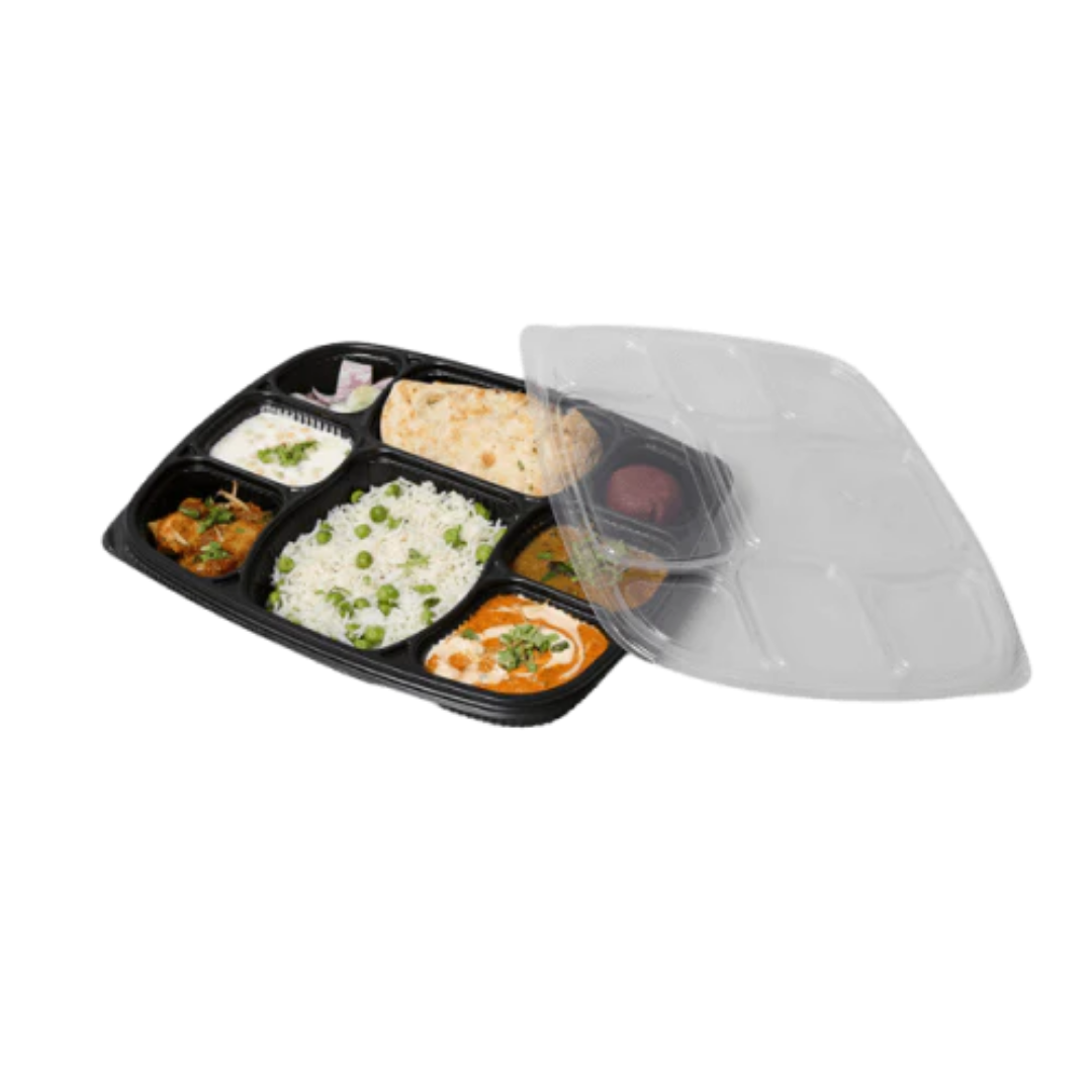 8-compartment black plastic meal tray with clear lid, featuring a full Indian meal with rice, curry.