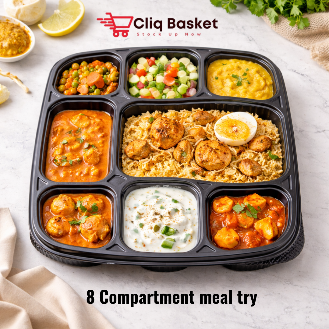 8 Compartment Black Plastic Meal Container