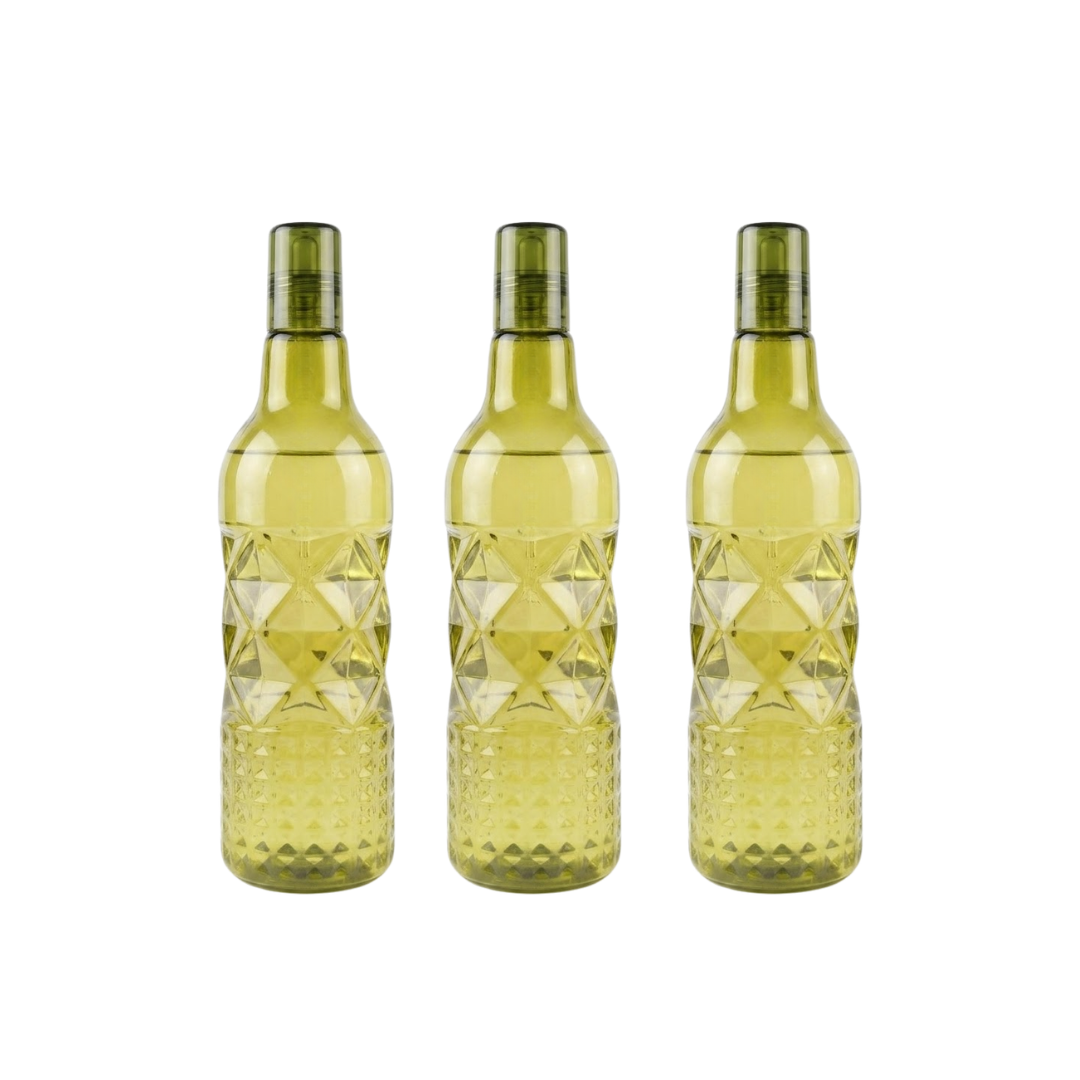 Set of 3 green 1 litre plastic water bottles designed for fridge storage, durable PET material and ideal for daily home use.