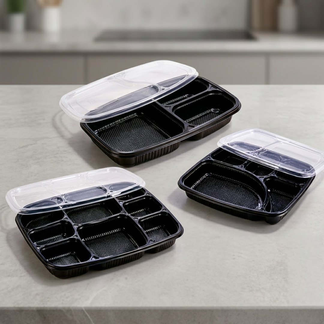 Catering Mega Bundle – 3 Compartment + 5 Compartment + 8 Compartment Black Meal Trays with Lids (75 Pieces)