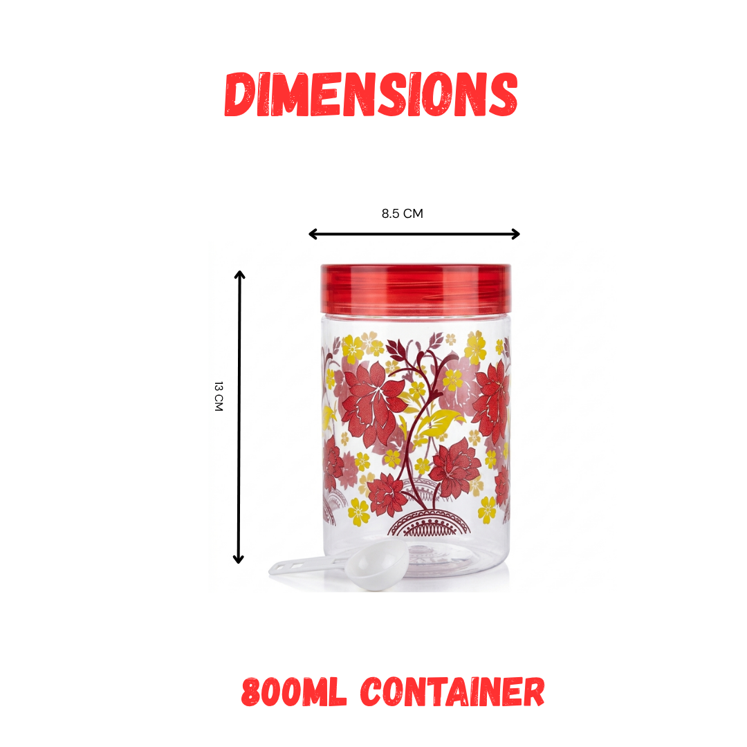 800 Ml plastic storage food jar with premium floral red design for kitchen and other use