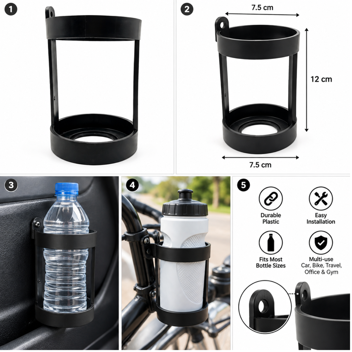 Universal Water Bottle Holder for Car & Bike – Durable Black Plastic Bottle Cage