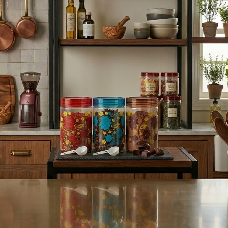 floral kitchen storage jar set 1100 ml 3 pcs (blue,gree,red) with spoon filled with groceries in modern kitchen setup for dry food storage and organization