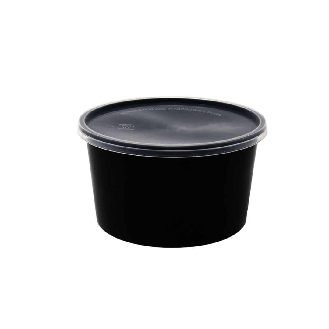 1000ml black plastic Round container with clear airtight lid for food storage and meal prep packaging.