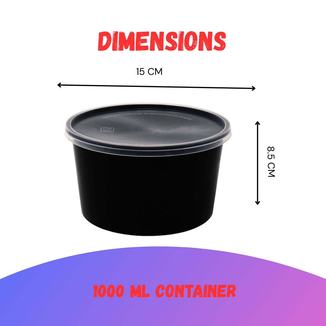 1000ml black plastic Round container with clear lid showing dimensions 15cm diameter and 8.5cm height for food packaging.