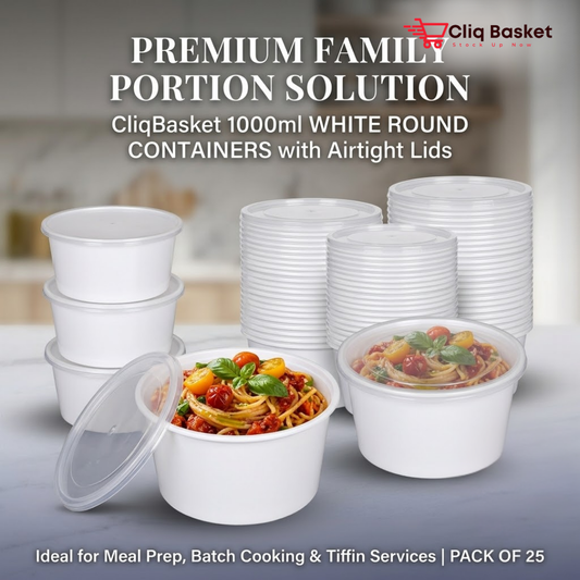 1000ml White Round Food Containers with Lid (Pack of 25) – CliqBasket