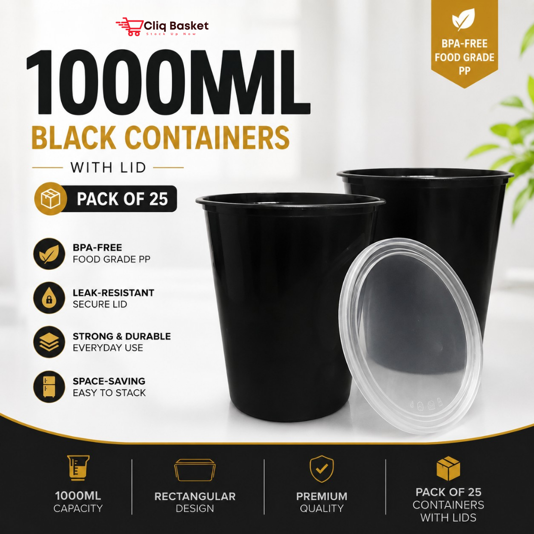 1000ml Black Rectangular Plastic Food Containers with Lid (Pack of 25) | BPA-Free PP Storage Boxes – CliqBasket