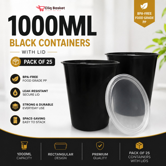 1000ml Black Rectangular Plastic Food Containers with Lid (Pack of 25) | BPA-Free PP Storage Boxes – CliqBasket