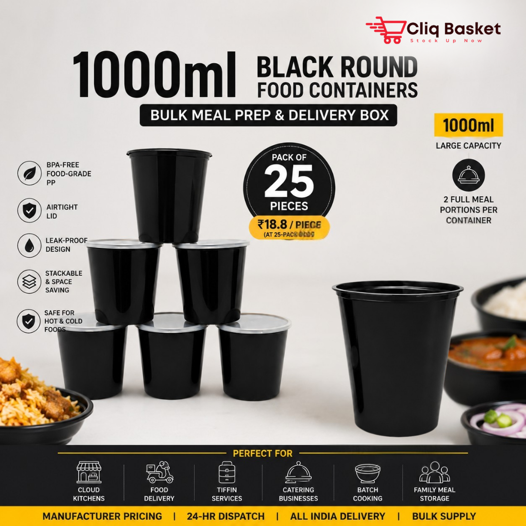 1000ml Black Round Food Containers with Lid (Pack of 25) – BPA-Free Meal Prep & Delivery Boxes | CliqBasket