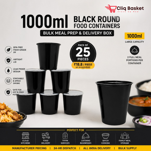 1000ml Black Round Food Containers with Lid (Pack of 25) – BPA-Free Meal Prep & Delivery Boxes | CliqBasket