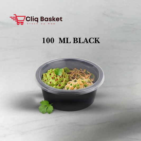 CliqBasket 100 ML Round Black Plastic Food Container with Lid – Kitchen Storage Box (25 Pack)