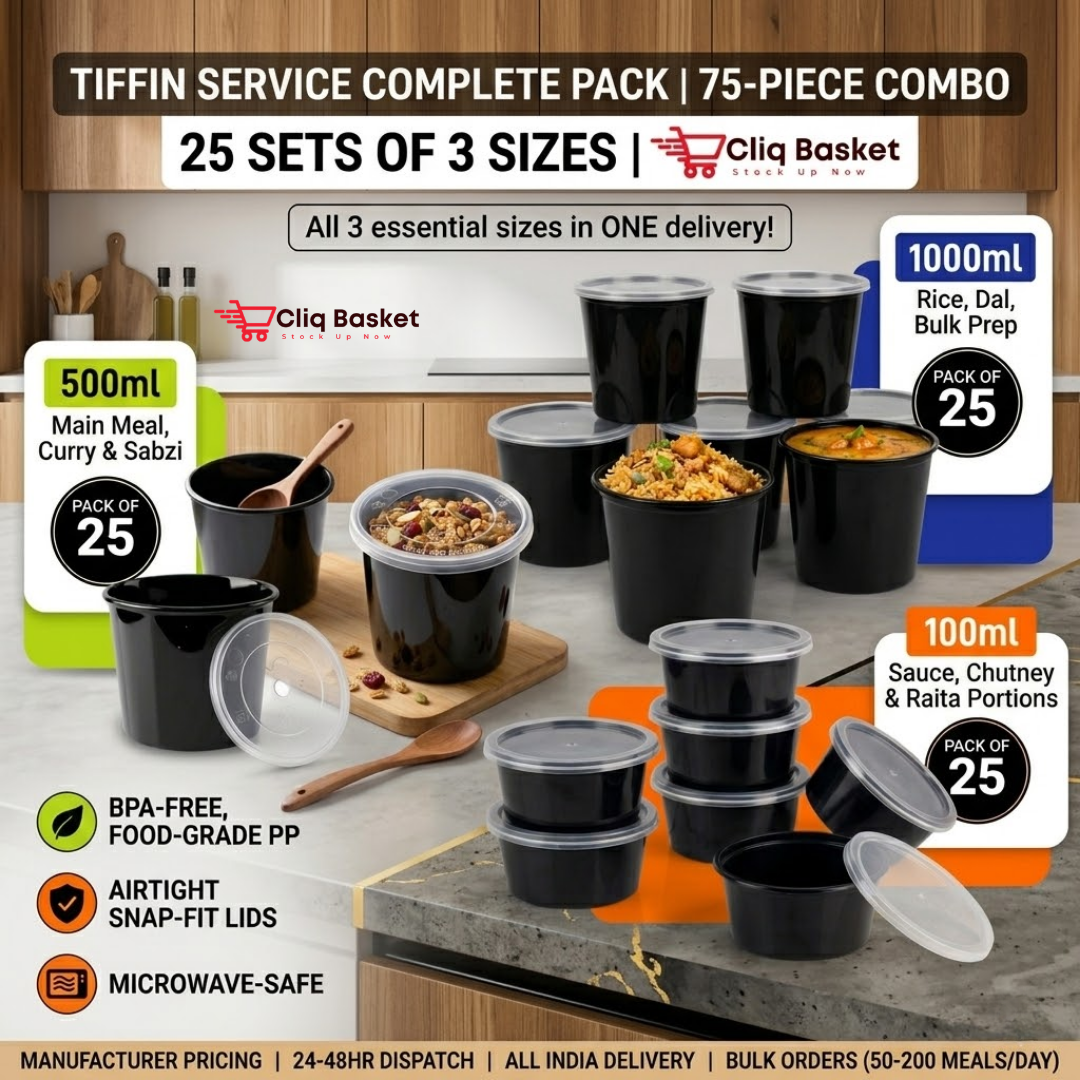 Tiffin Service Complete Pack – 100ml + 500ml + 1000ml Black Round Containers | 75-Piece Combo CliqBasket