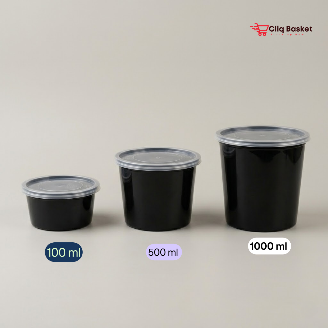 Tiffin Service Complete Pack – 100ml + 500ml + 1000ml Black Round Containers | 75-Piece Combo CliqBasket