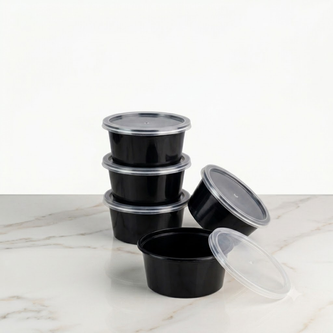 100ml Black Round Food Containers with Lids – BPA-Free Sauce & Condiment Portion Cups (Pack of 25) | CliqBasket