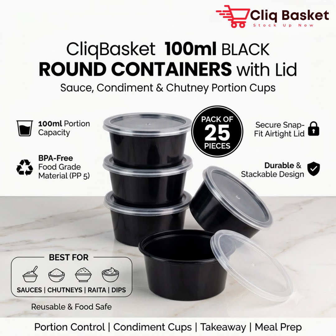 100ml Black Round Food Containers with Lids – BPA-Free Sauce & Condiment Portion Cups (Pack of 25) | CliqBasket