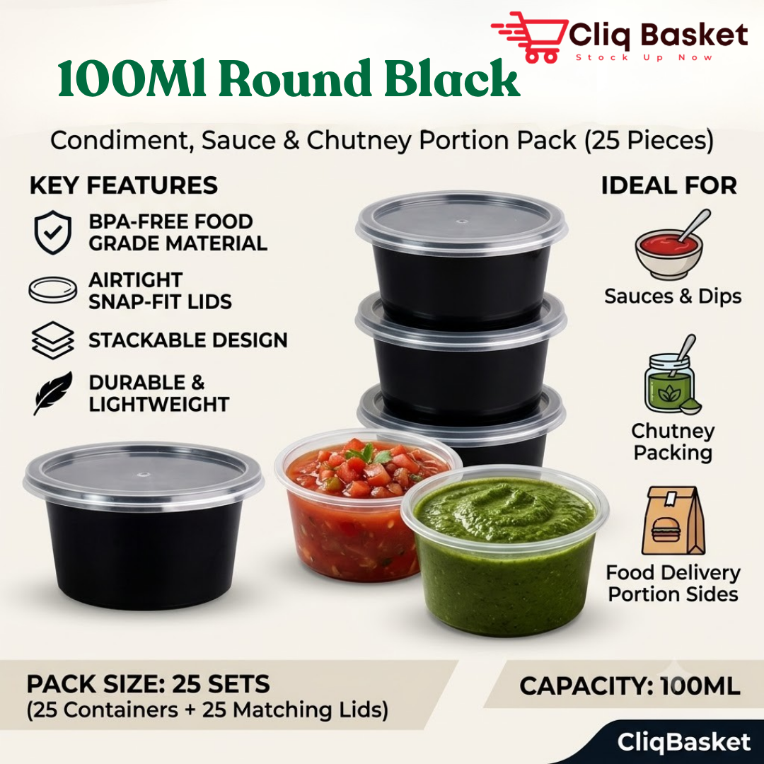 100ml Black Round Food Containers with Lids – BPA-Free Sauce & Condiment Portion Cups (Pack of 25) | CliqBasket