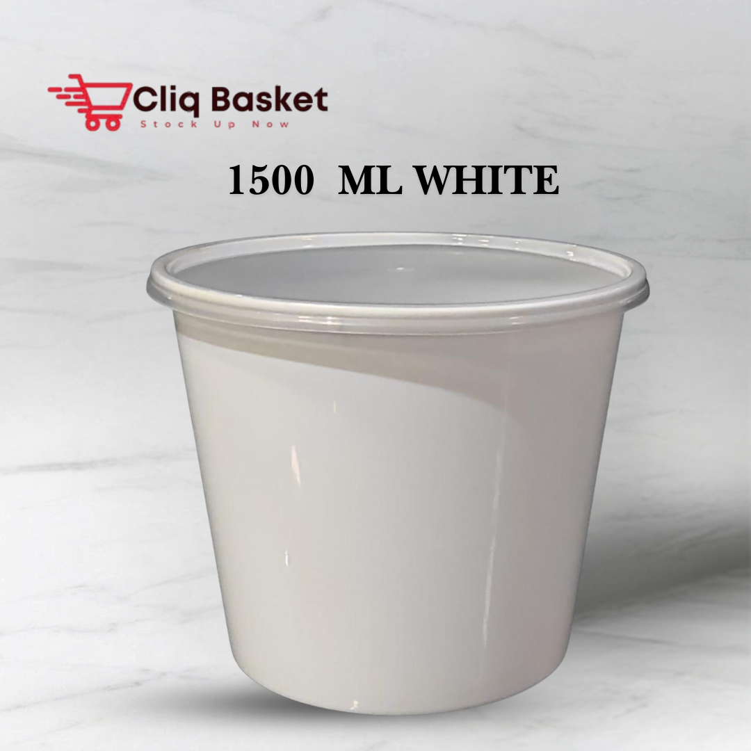 CliqBasket 1500 ML White Plastic Round Food Container with Lid – Kitchen Food Storage Box (25 Pack)
