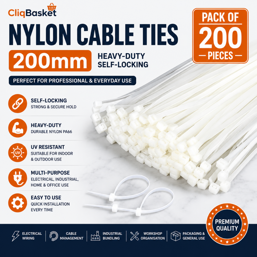 200mm Nylon Cable Ties – Heavy-Duty Self-Locking Zip Ties Pack of 200 | CliqBasket