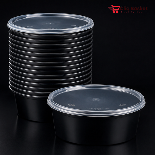 750ml Black Round Plastic Food Containers with Lid (Pack of 25) | CliqBasket