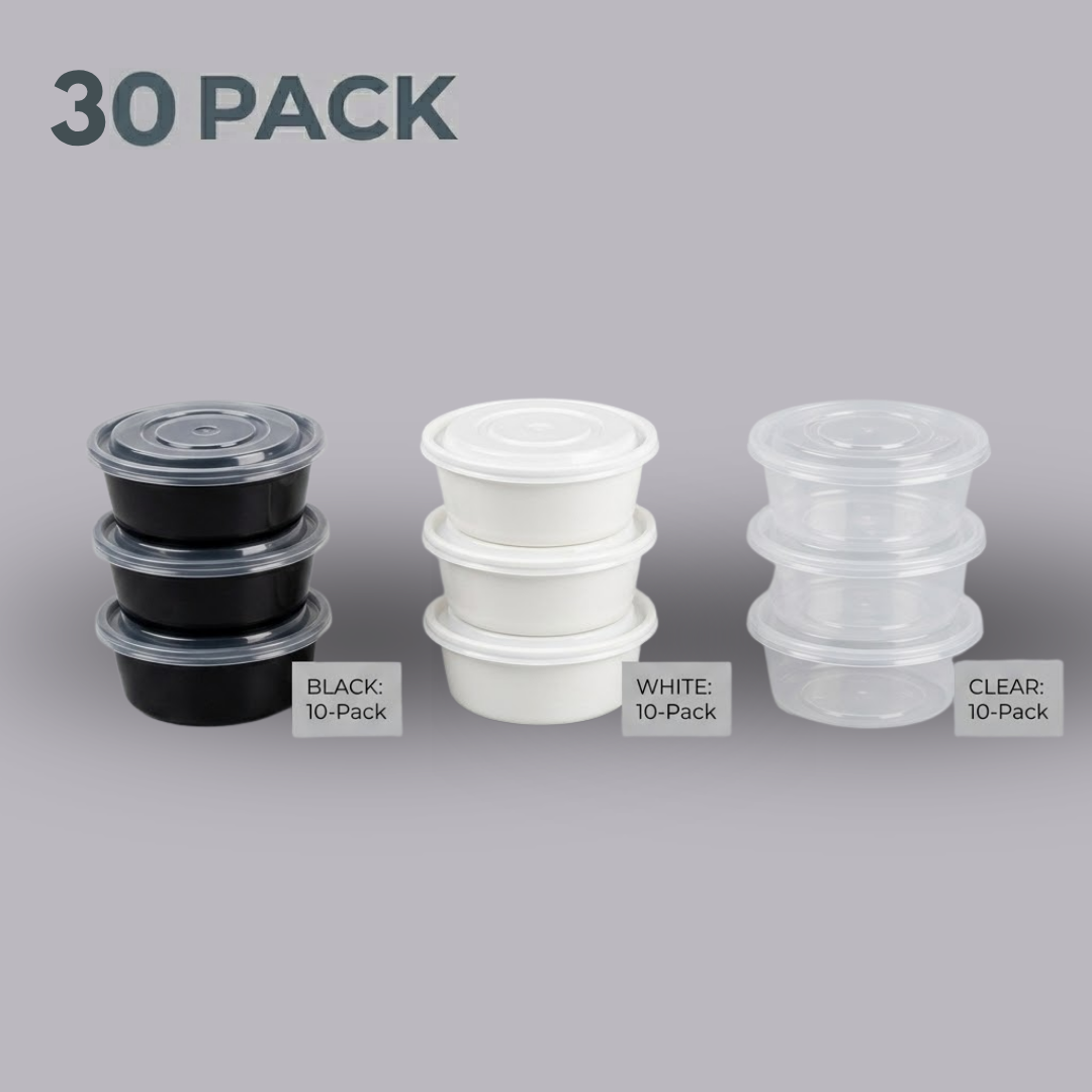 250ml Mixed Color Round Containers with Lids – Pack of 30 (Black, White & Transparent)
