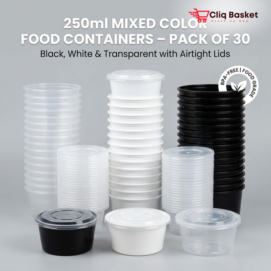 250ml Round Food Containers Mixed Color Set (30 Pieces) – Black, White & Transparent BPA-Free Storage Boxes with Lids