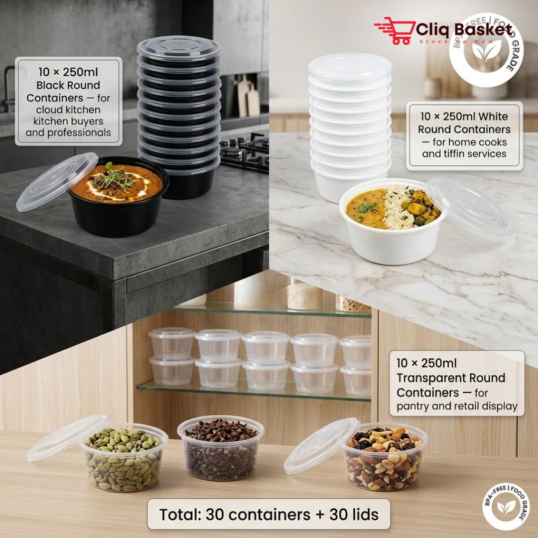 250ml Round Food Containers Mixed Color Set (30 Pieces) – Black, White & Transparent BPA-Free Storage Boxes with Lids