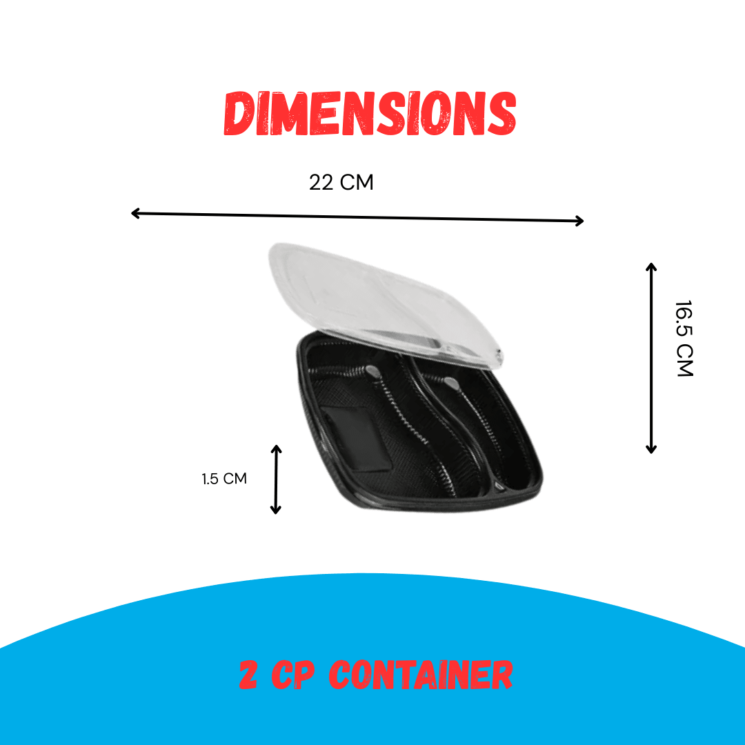 CliqBasket 2 Compartment Plastic Meal Container – Black (Pack of 25)