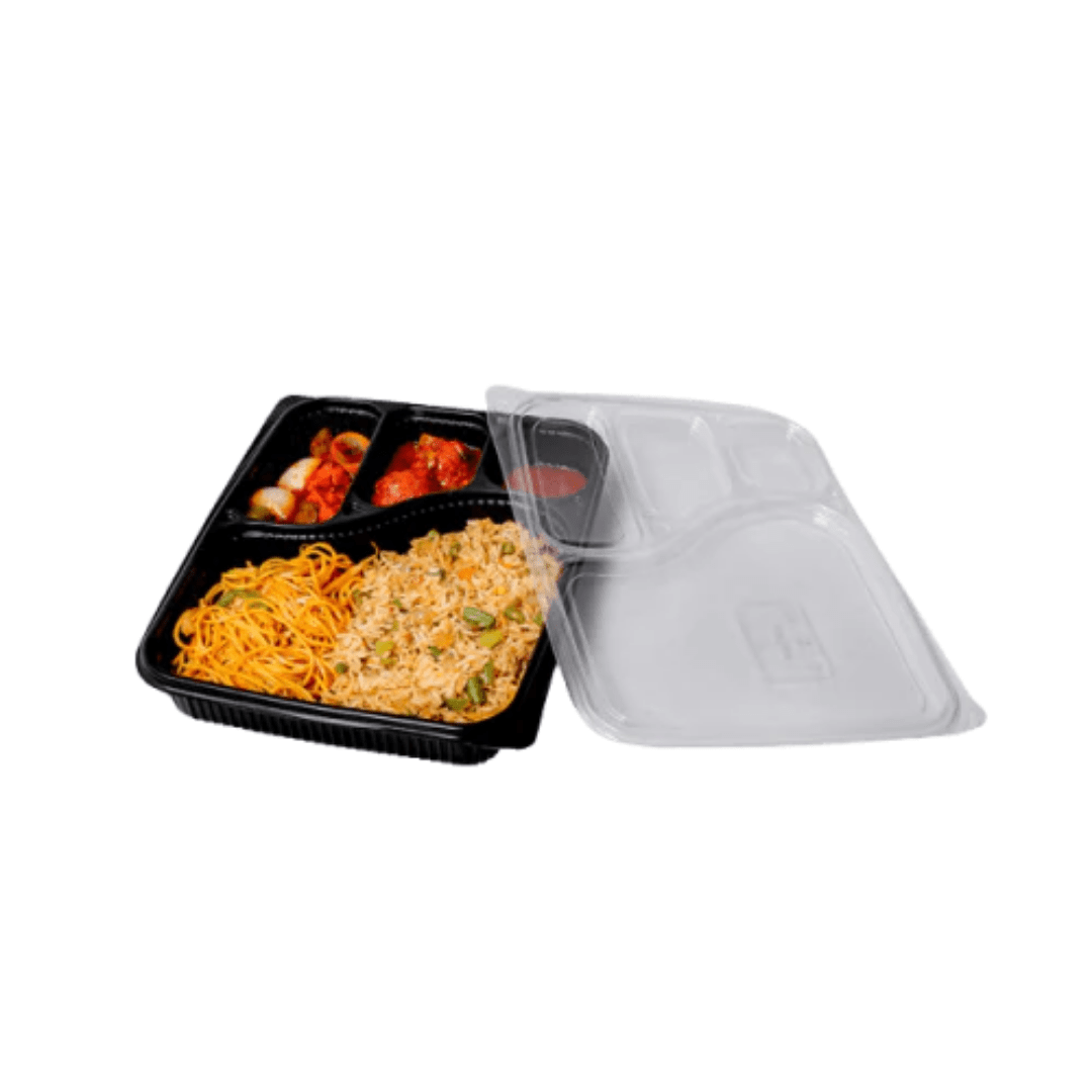 4-compartment black plastic meal tray with clear lid, filled with fried rice, noodles, and appetizers to show professional takeaway food presentation.