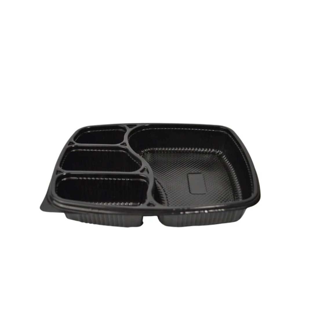4-compartment black plastic meal tray with divided sections for main course and three sides, ideal for takeaway.