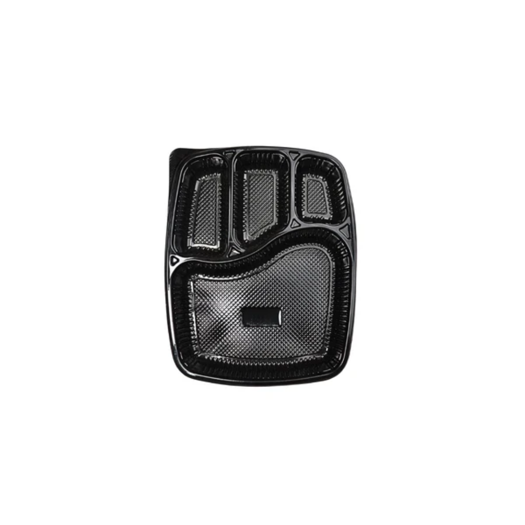 4-compartment black plastic meal tray with divided sections for main course and three sides, ideal for professional takeaway packaging.