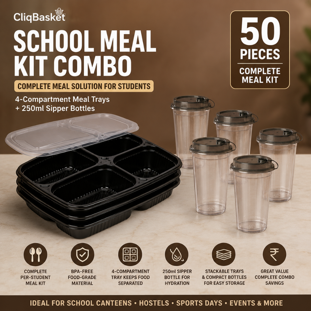 School Meal Kit Combo – 4 Compartment Meal Trays & 250ml Sipper Bottles (50 Pieces) | CliqBasket