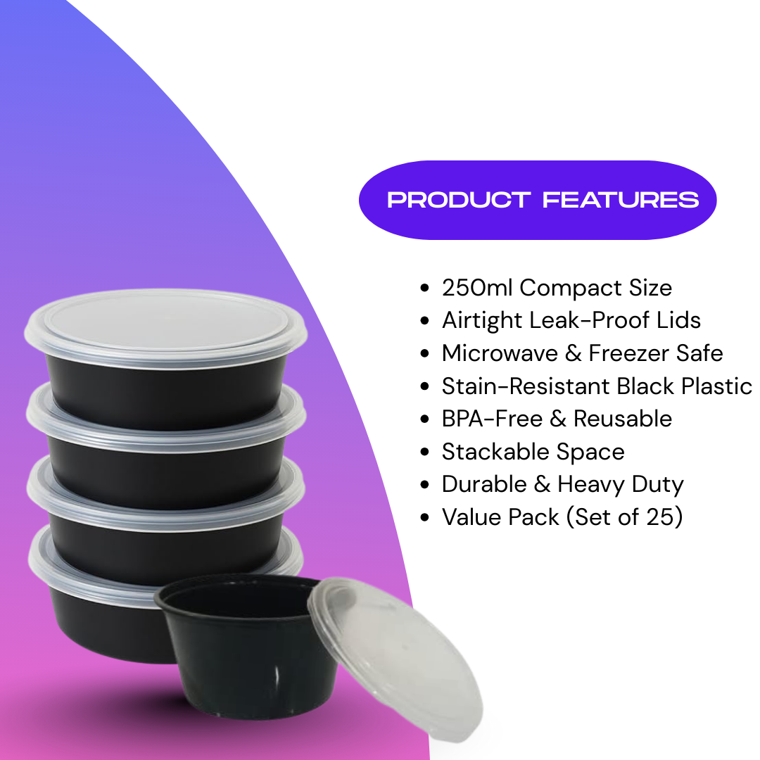 Stack of black containers with clear lids on a purple and white background, featuring product features.