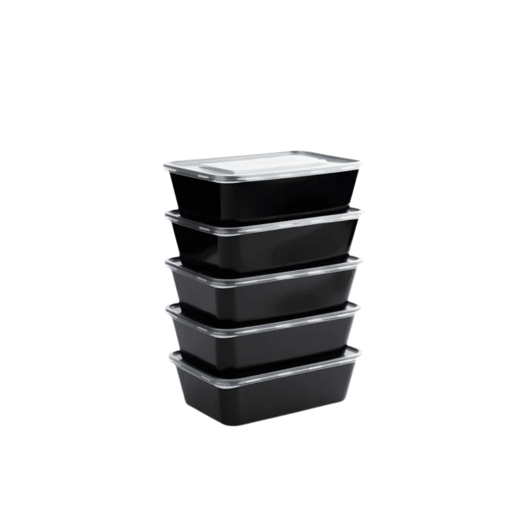 Stack of five 500ml rectangular black plastic containers with clear lids for meal prep and food storage and ideal for kitchen organization