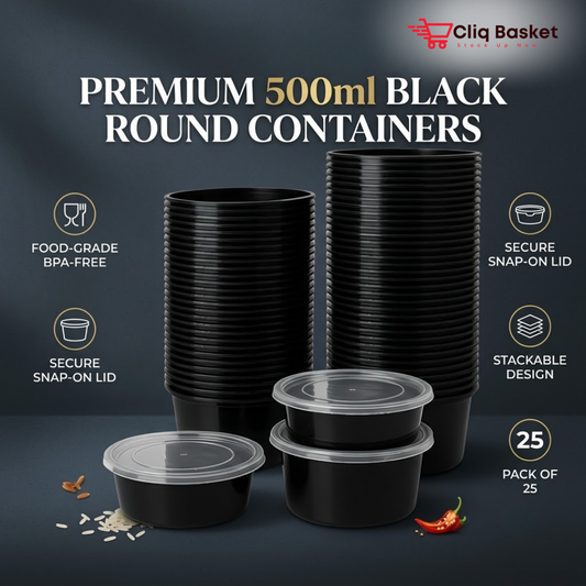 500ml Black Round Food Containers with Lid (Pack of 25) – Best-Seller - CliqBasket