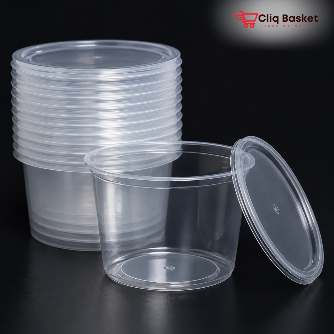 CliqBasket 500ml Transparent Round Plastic Food Containers with Lid – BPA-Free Airtight Kitchen Storage Box (Pack of 25)