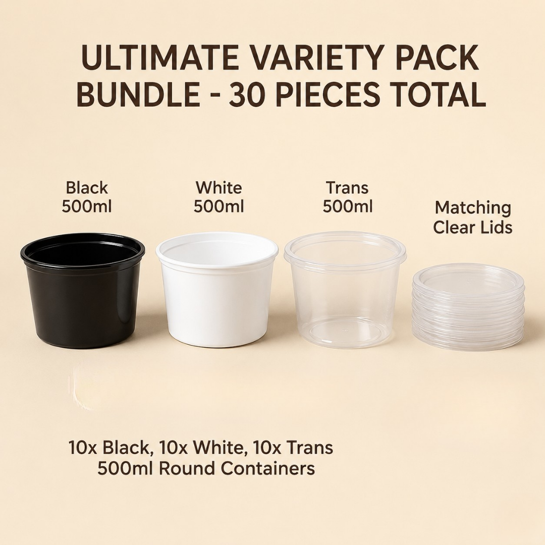 500ml Round Food Containers Mixed Color Pack of 30 – Black, White & Transparent CliqBasket