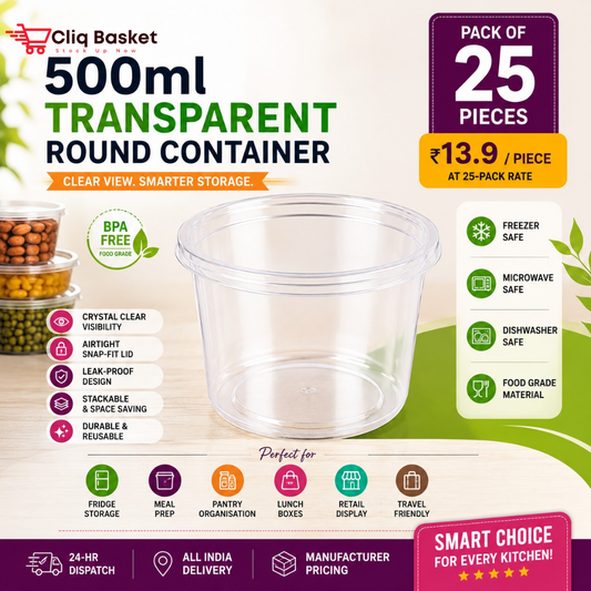CliqBasket 500ml Transparent Round Plastic Food Containers with Lid – BPA-Free Airtight Kitchen Storage Box (Pack of 25)