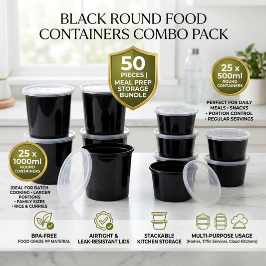 500ml + 1000ml Black Round Food Containers Combo Pack – 50 Pieces | Meal Prep Storage Bundle