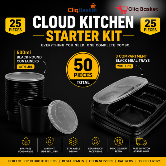 Cloud Kitchen Starter Combo – 500ml Round Containers & 3 Compartment Meal Trays (50 Pieces) – CliqBasket