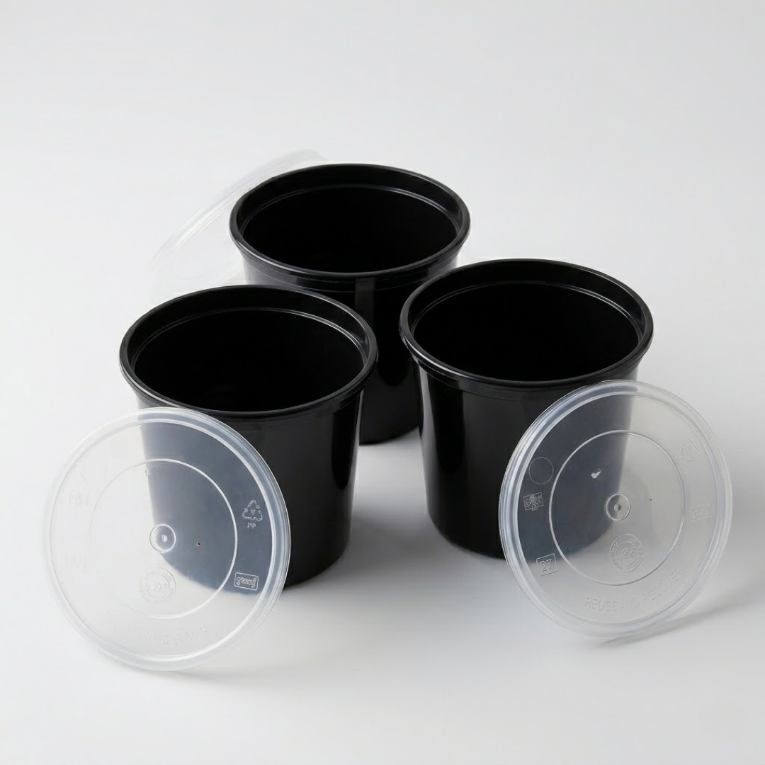 500ml Round Food Containers Mixed Color Pack of 30 – Black, White & Transparent CliqBasket