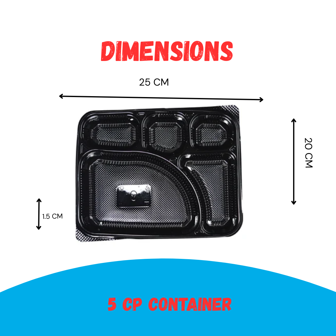 5-compartment black plastic container dimensions infographic showing 25 cm length, 20 cm width, and 1.5 cm height for bento-style meal packaging.