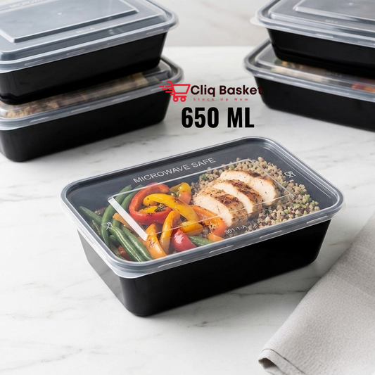 CliqBasket 650 ml rectangular plastic food container black pack of 25
