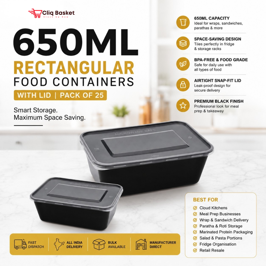 650ml Black Rectangular Food Containers with Lid (Pack of 25) | BPA-Free PP Meal Prep Boxes – CliqBasket